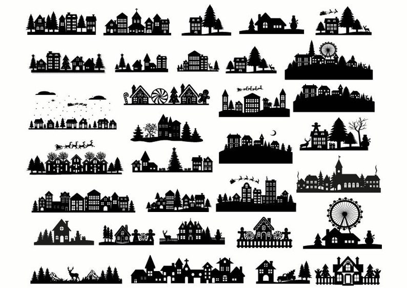 May include: A collection of 18 black and white silhouette illustrations of winter village scenes. Each scene features a variety of houses, trees, and other winter-themed elements. The illustrations are perfect for use in holiday crafts, scrapbooking, or other creative projects.