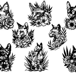 May include: Black and white illustrations of eight hairless cats with floral designs. The cats are in various poses, some with their heads turned, some looking straight ahead, and some with their bodies curled up. The flowers are in full bloom and have intricate details.