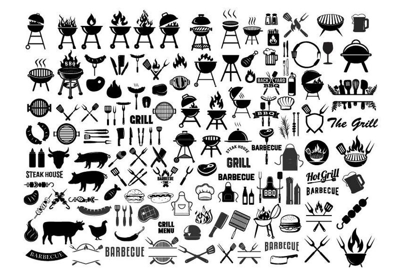 May include: Black and white illustrations of various grilling and barbecue related items, including grills, tools, food, and text. The text includes "BBQ", "The Grill", "Steak House", "Grill", "Barbecue", "Hot Grill", and "Grill Menu".