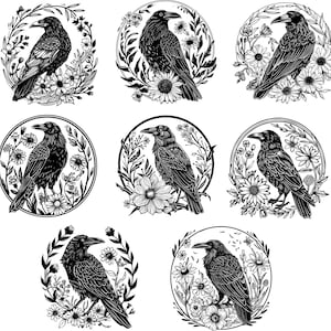 May include: Black and white illustrations of crows surrounded by floral wreaths. Each crow is depicted in a detailed, artistic style, with varying poses and floral arrangements, including daisies and sunflowers. The artwork is suitable for gothic or nature-themed designs.
