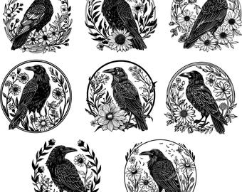 Floral Crow Svg, Gothic Crow Svg, Crow Clipart, Crow Vector, Raven Svg, Spooky Bird Svg