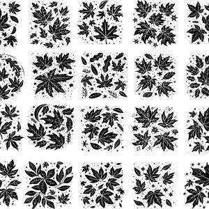 May include: A collection of black and white leaf illustrations. The leaves vary in shape and size, with some featuring intricate details and star-like accents. The designs are arranged in various patterns, including squares and circles, suitable for fall-themed crafts.
