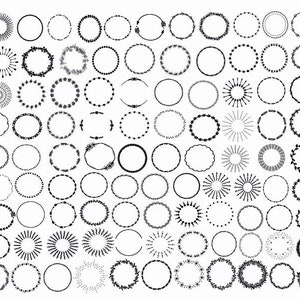 Puede incluir: Una colección de 100 marcos circulares en blanco y negro, incluyendo coronas, rayos de sol y diseños geométricos. Estos marcos son perfectos para agregar un toque vintage a tus proyectos.