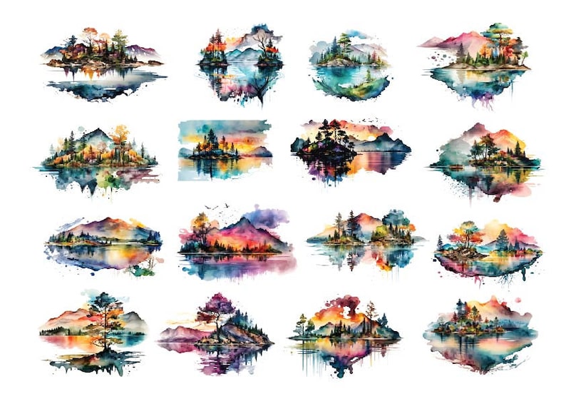 May include: A collection of 16 watercolor paintings depicting colorful landscapes with islands, mountains, and trees reflected in the water. The paintings are in a variety of colors, including blue, green, yellow, orange, and red.