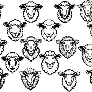 May include: A collection of black and white illustrations of sheep heads. The sheep are depicted in various styles, with detailed wool textures and facial features. The image is suitable for designs related to farm animals or pastoral themes.