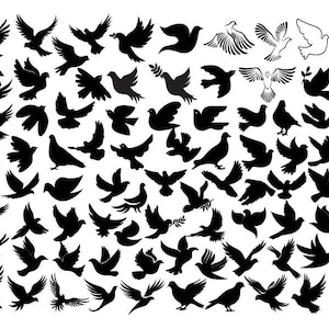 May include: A black and white image of a large collection of dove silhouettes. The doves are arranged in a variety of poses, with some flying, some perched, and some with olive branches in their beaks.