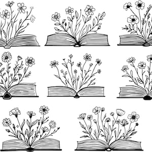 May include: A set of nine black and white illustrations of open books with flowers growing out of them. The flowers are drawn in a simple, whimsical style.
