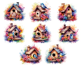 Watercolor Birdhouse Clipart, Bird House Png, Colorful Birdhouse Clipart, Watercolor Springtime