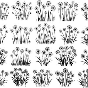 May include: A collection of black and white dandelion silhouettes in various arrangements. The image features multiple clusters of dandelions with detailed seed heads and slender stems, suitable for digital art or craft projects.