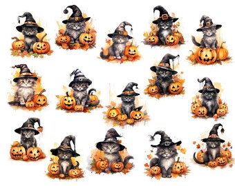 May include: A digital collage of 16 Halloween-themed illustrations featuring cute black and gray cats wearing witch hats and holding jack-o'-lantern pumpkins.