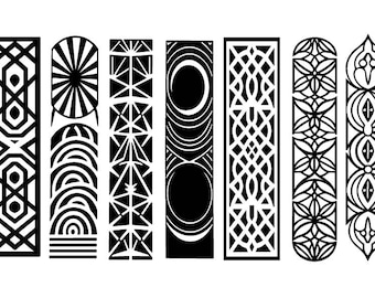 May include: Eight black and white geometric patterns, each with a unique design. The patterns are arranged in a row, and each one is a different shape and size.