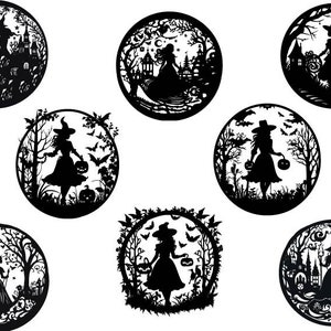 K&ouml;nnte beinhalten: Acht schwarz-wei&szlig;e Silhouette-Illustrationen von Hexen in verschiedenen Posen, einige halten K&uuml;rbisse, mit einem Halloween-Thema. Die Illustrationen sind kreisf&ouml;rmig mit wei&szlig;em Hintergrund.
