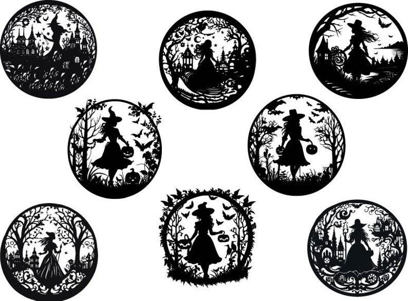 K&ouml;nnte beinhalten: Acht schwarz-wei&szlig;e Silhouette-Illustrationen von Hexen in verschiedenen Posen, einige halten K&uuml;rbisse, mit einem Halloween-Thema. Die Illustrationen sind kreisf&ouml;rmig mit wei&szlig;em Hintergrund.