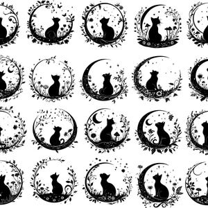 May include: A collection of black silhouette designs featuring cats. Each design shows a cat sitting on a crescent moon or within a circular floral frame. The designs include stars, flowers, and other natural elements.