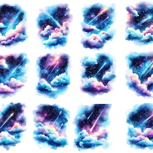 May include: Twelve watercolor paintings of a night sky with clouds and shooting stars. The paintings are in shades of blue, purple, and pink.