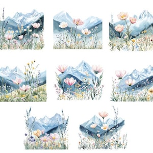 Watercolor Mountains And Flowers, Pastel Flowers Clipart, Watercolor Landscape, Beautiful Scene Clipart Png