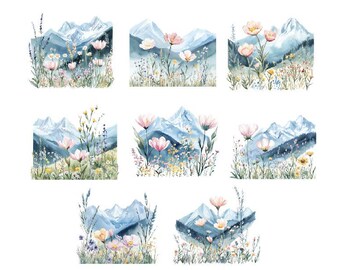 Aquarel bergen en bloemen, pastel bloemen clipart, aquarel landschap, prachtige scène clipart png