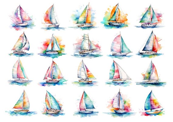 WATERCOLOR SAILING CLIPART, Sail Boat Png, Watercolor Sail Boat Png, Watercolor Colorful Clipart, Nautical Png