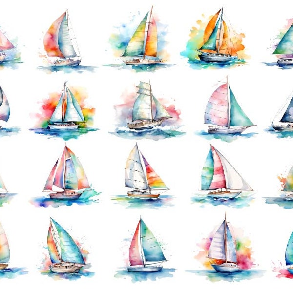 AQUARELLE VOILE CLIPART, voilier Png, aquarelle bateau à voile Png, Clipart coloré aquarelle, Png nautique