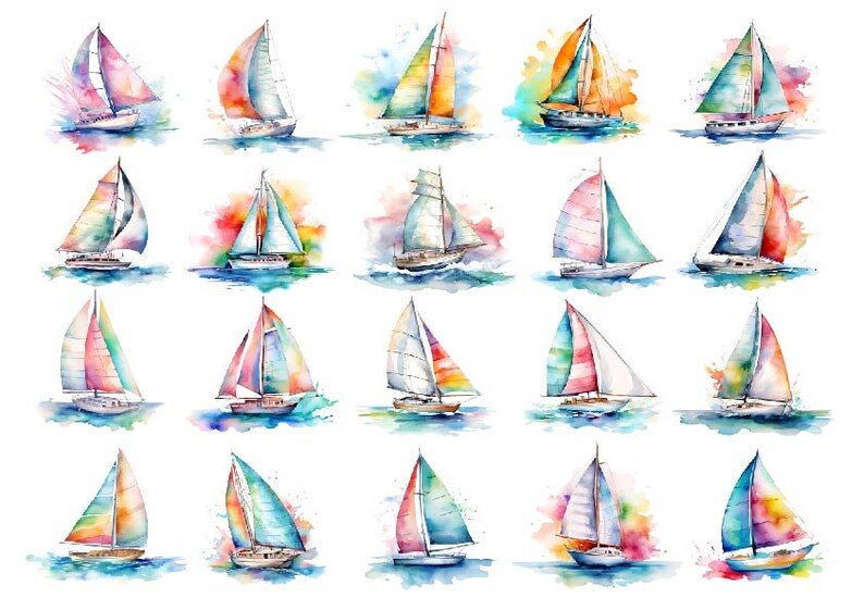 May include: A watercolor painting of 20 colorful sailboats on a white background. Each sailboat has a different color scheme and is surrounded by watercolor splashes.