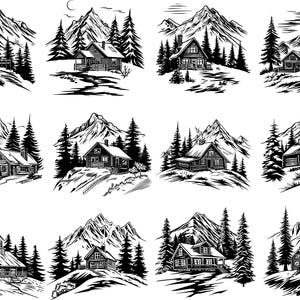 May include: A collection of black and white illustrations featuring cabins nestled in mountainous landscapes. Each image showcases a different cabin design, surrounded by pine trees and set against a backdrop of towering peaks.