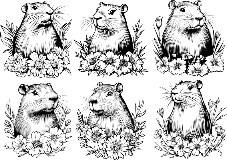 May include: Black and white line art illustrations of six gophers with flowers. Each gopher is surrounded by flowers and leaves. The gophers are drawn in a realistic style.