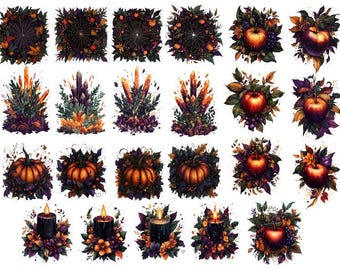 Paquete de imágenes prediseñadas de Halloween, acuarela de Halloween, imágenes prediseñadas espeluznantes PNG, imágenes prediseñadas aterradoras, acuarela de otoño