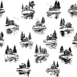 May include: A collection of black and white illustrations of rustic cabins on small islands. Each cabin is surrounded by trees and a wooden dock, with reflections in the water. The style is reminiscent of a woodcut print.