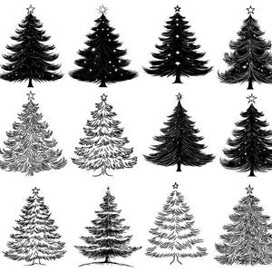 May include: A set of 12 black and white hand-drawn illustrations of Christmas trees. The trees are all different shapes and sizes, and some have stars on top.