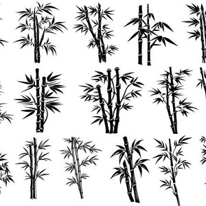 Puede incluir: Un conjunto de 15 im&aacute;genes en silueta en blanco y negro de plantas de bamb&uacute;. Las im&aacute;genes son de varios tama&ntilde;os y formas, y algunas tienen hojas mientras que otras no.