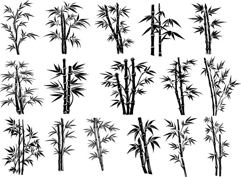 Puede incluir: Un conjunto de 15 im&aacute;genes en silueta en blanco y negro de plantas de bamb&uacute;. Las im&aacute;genes son de varios tama&ntilde;os y formas, y algunas tienen hojas mientras que otras no.