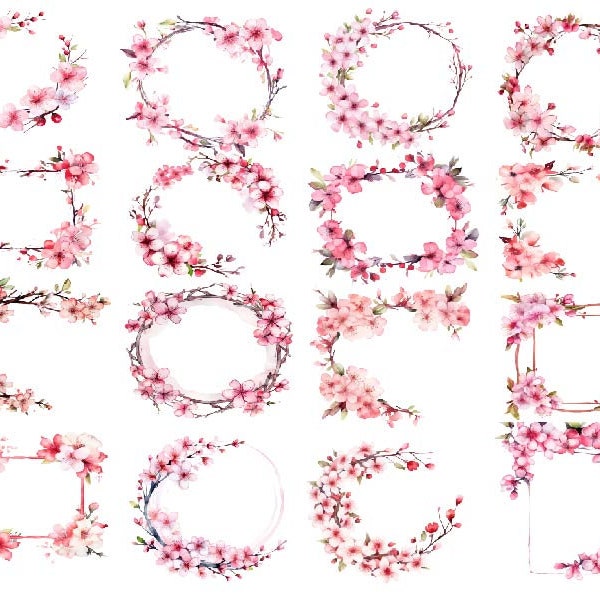 Watercolor Cherry Blossoms Clipart, Sakura Clipart, Cherry Blossoms Wreath Png, Cherry Blossoms Clipart, Watercolor Floral Wreath