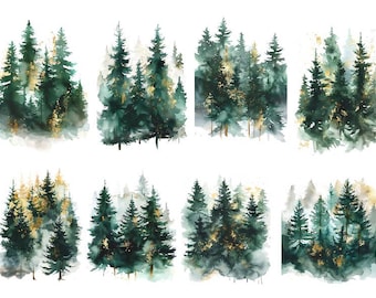 Foresta di pini ad acquerello, paesaggi forestali ad acquerello, clipart di alberi della foresta, png di alberi di pino