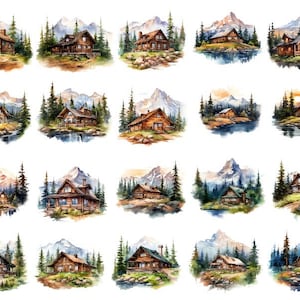 May include: Twenty watercolor illustrations of rustic log cabins nestled in mountain landscapes. Each cabin is surrounded by lush greenery and snow-capped peaks, creating a serene and picturesque scene.