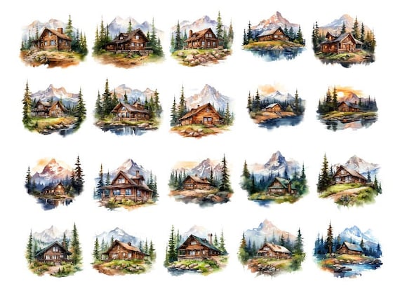 Watercolor Mountains Clipart, Watercolor Mountain Cabin Png, Forest Clipart Png, Log Cabin in the Woods Clipart