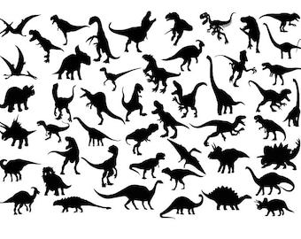 Puede incluir: Siluetas de varios dinosaurios en negro sobre un fondo blanco. Los dinosaurios están en diferentes poses y tamaños, incluyendo un Tyrannosaurus Rex, un Stegosaurus, un Triceratops y un Brachiosaurus.