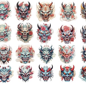 May include: A collection of 20 colorful digital illustrations of Japanese demon masks with floral accents. The masks are blue, red, white, and black with intricate details.