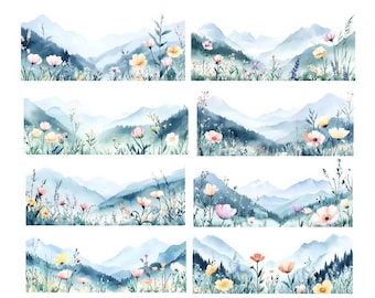 Aquarel bergen en bloemen, pastel bloemen clipart, aquarel landschap, aquarel weide clipart