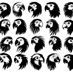 以下が含まれることがあります： 左右を向いているオウムのシルエットの白黒イラスト20点のセット。オウムはくちばしの形や羽根の模様がそれぞれ異なります。