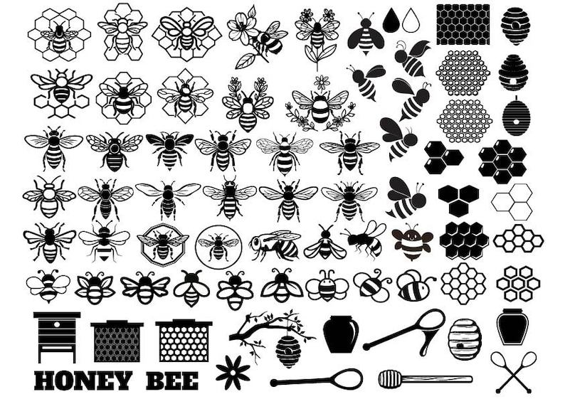 May include: Black and white vector illustrations of honey bees, honeycombs, and beekeeping equipment. The illustrations include bees flying, bees on honeycombs, beehives, honey dippers, and a flower.