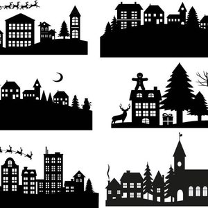 May include: Black and white silhouette illustrations of various Christmas scenes, including a town with houses and trees, Santa Claus flying in a sleigh, a gingerbread man on a house, and a snowman.