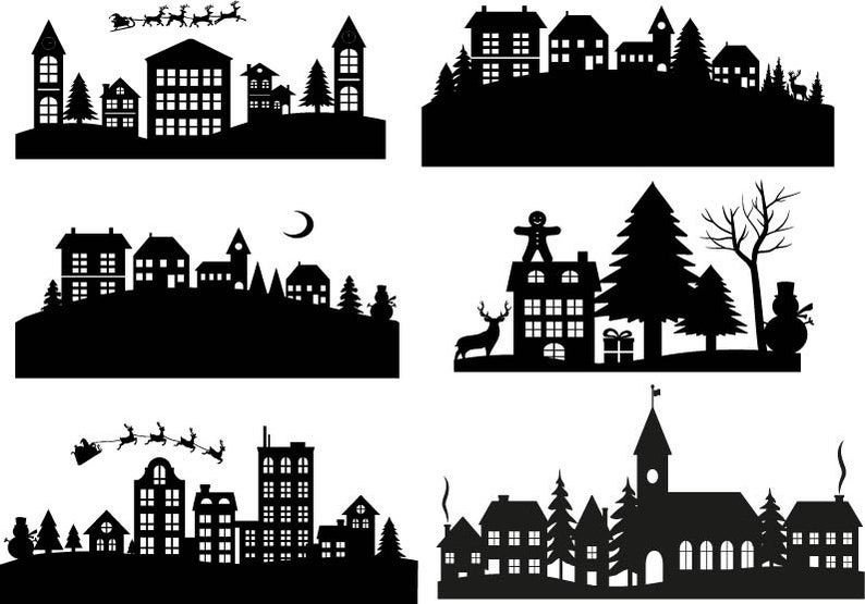 May include: Black and white silhouette illustrations of various Christmas scenes, including a town with houses and trees, Santa Claus flying in a sleigh, a gingerbread man on a house, and a snowman.
