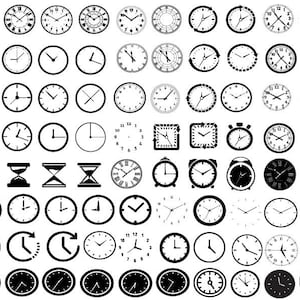 May include: A collection of black and white clock illustrations. The clocks vary in style, including round, square, and alarm clock designs. Some clocks show Roman numerals, while others have standard numbers or no numbers at all. The hands on the clocks indicate different times.