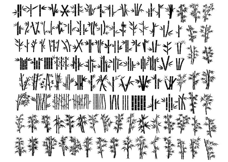Puede incluir: Una colecci&oacute;n de ilustraciones en blanco y negro de plantas de bamb&uacute; en varios estilos y arreglos. Las ilustraciones representan diferentes tama&ntilde;os y formas de tallos de bamb&uacute;, hojas y ramas.