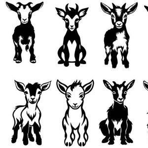 May include: A set of ten black and white illustrations of goats. The goats are in various poses, including standing, sitting, and lying down. The illustrations are simple and stylized.