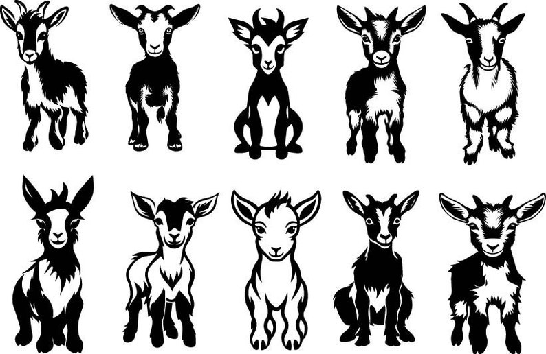 May include: A set of ten black and white illustrations of goats. The goats are in various poses, including standing, sitting, and lying down. The illustrations are simple and stylized.