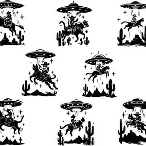 May include: Black and white illustration featuring a cowboy riding a horse being abducted by a UFO. The design includes cacti, mountains, and stars, creating a whimsical, western-themed scene.