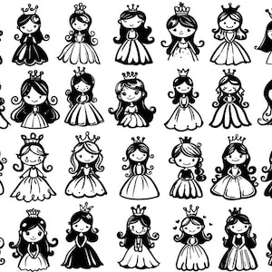 Paquete de princesas svg, imágenes prediseñadas de princesas, archivos de corte de princesas para cricut, princesas para niños svg, vectores de princesas