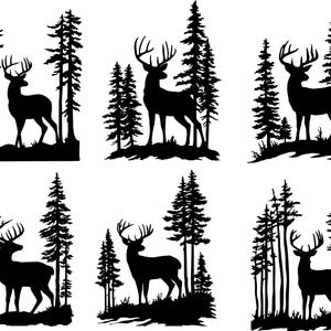 Può includere: Sei immagini di silhouette nere di cervi con corna, davanti a pini. I cervi sono in diverse pose e gli alberi variano per dimensioni e densità, creando una scena forestale. Adatto per progetti di artigianato.