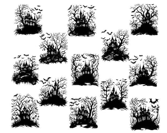May include: A set of ten black and white silhouette illustrations of haunted houses with trees. Each illustration features a spooky house with a variety of trees and bats.